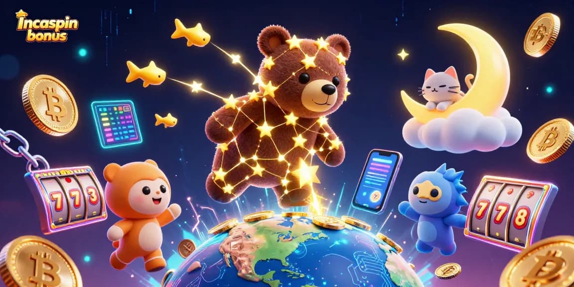 Claim your Incaspin bonus with our dazzling 3D casino illustration featuring vibrant game elements.