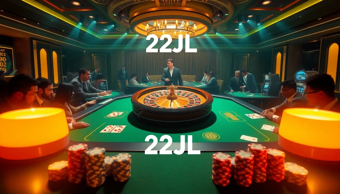 Gambling action in a luxury casino with 22JL logo, showcasing roulette, poker chips, and cards.