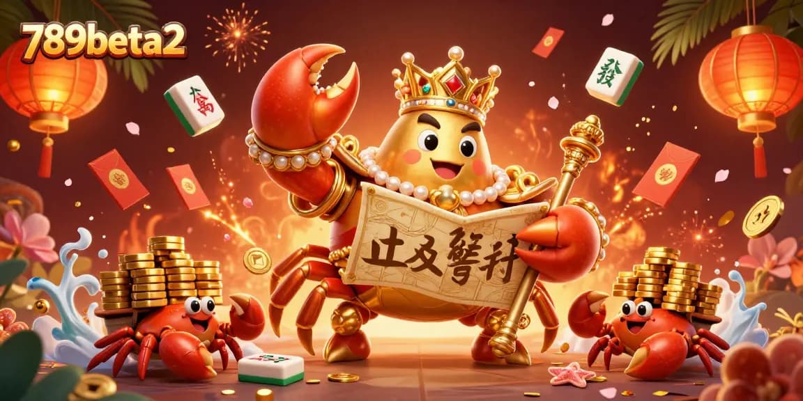 Engage with 789beta2's vibrant online casino world featuring a golden crab emperor amidst gaming elements