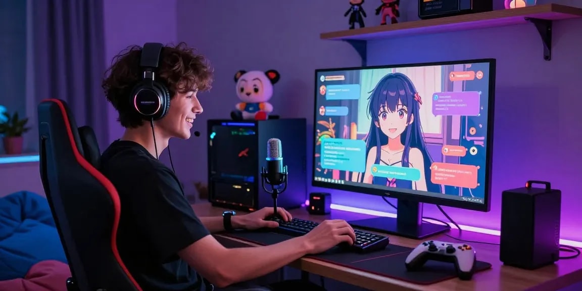 Engaging in a hentai chat ai experience with a digital avatar in a cozy gaming room.