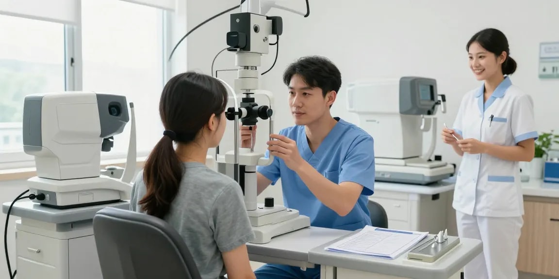 Advanced eye care at SNU Eye Clinic, featuring a surgeon examining a patient with sophisticated equipment.