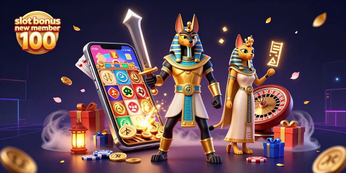 Experience excitement with slot bonus new member 100, featuring a dynamic scene of Anubis and Bastet with thrilling slot elements.