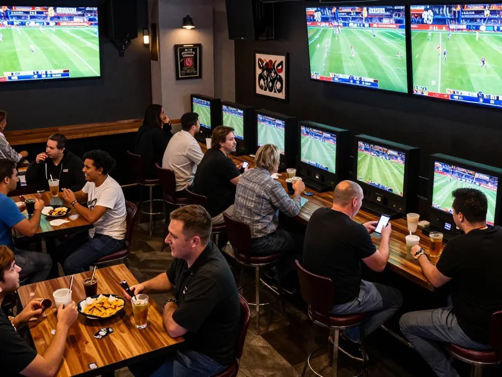 Engaged patrons enjoying sports betting at HM88 bet, placing bets using mobile apps.