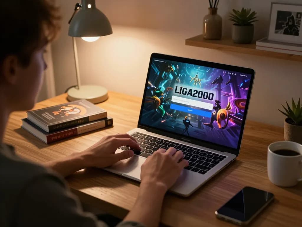 LIGA2000 LOGIN interface displayed on a laptop during an engaging online gaming session at home