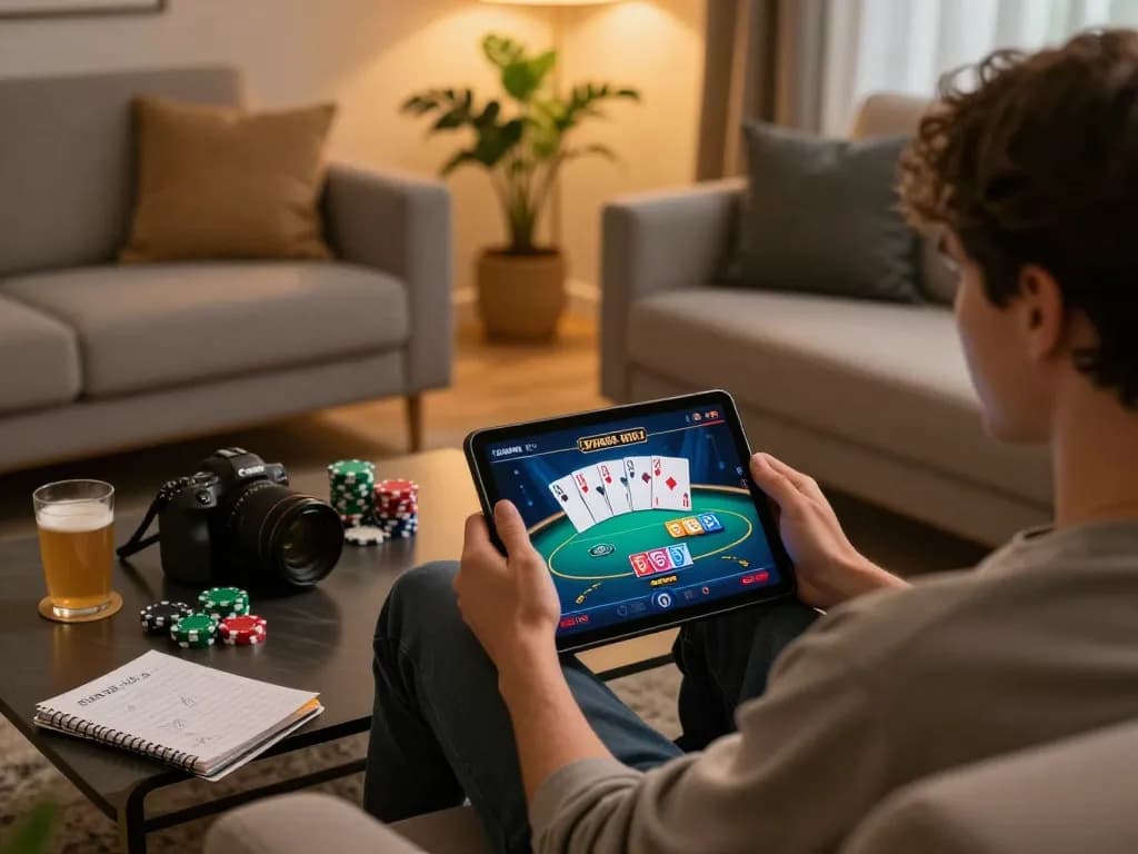 Household scene with online casino gaming setup, emphasizingNhà cái uy tín and responsible gaming atmosphere