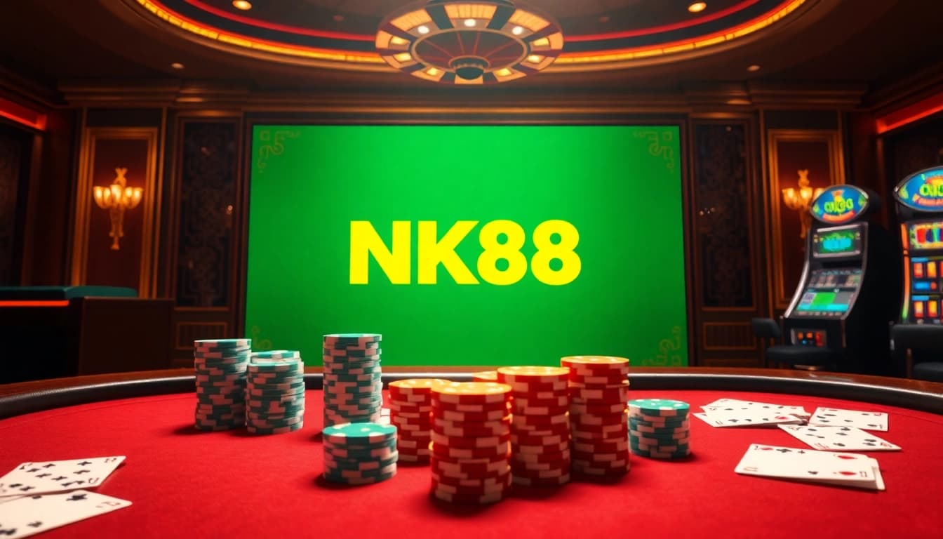 NK88 casino scene showcasing vibrant online gambling with luxury and excitement.