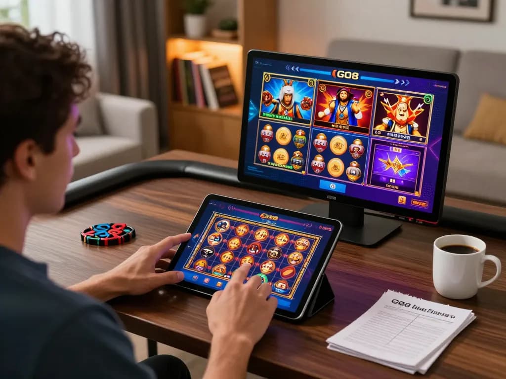 Player engaging with the GO8 app on a tablet, embodying the excitement of online gaming.