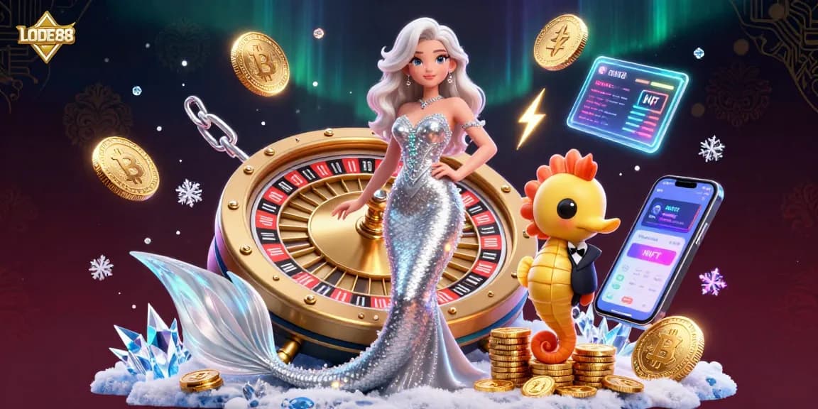 Engage with the lively scene of LODE88, featuring a glamorous woman by a roulette wheel, embodying online casino excitement.
