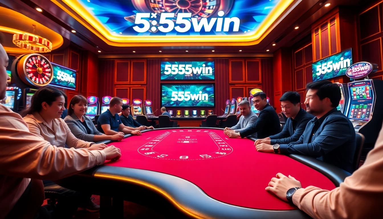 Experience excitement at the 555win poker table with vibrant casino elements and engaging players.