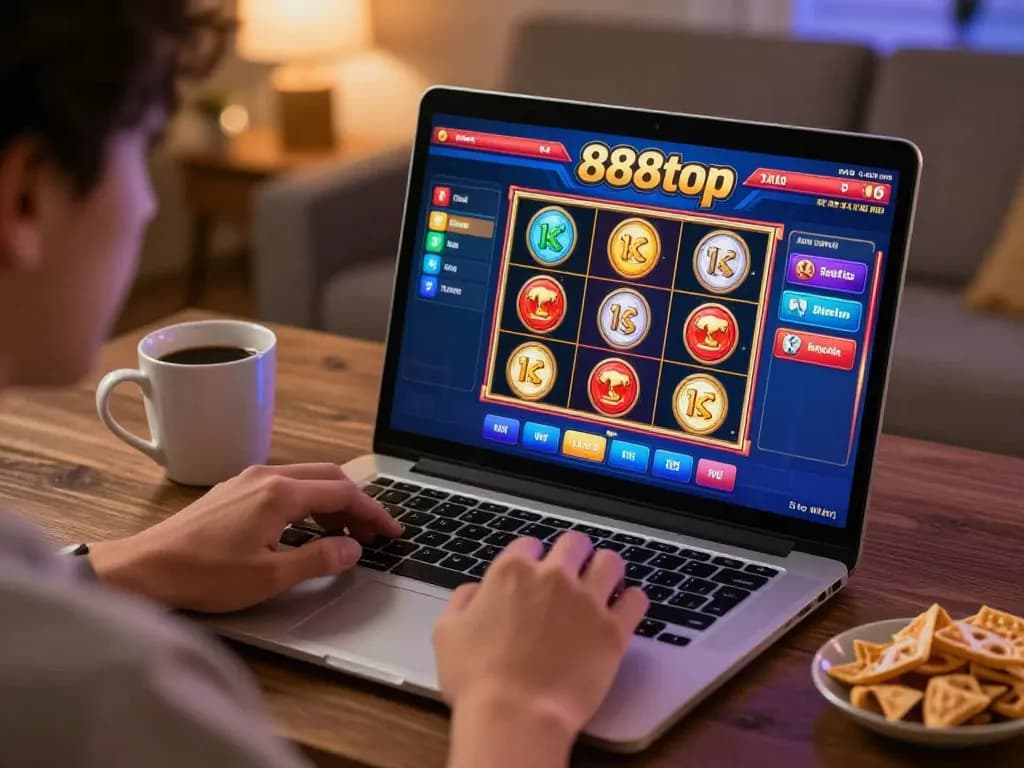 Player exploring the 888top casino interface on a laptop, showcasing online gaming excitement.
