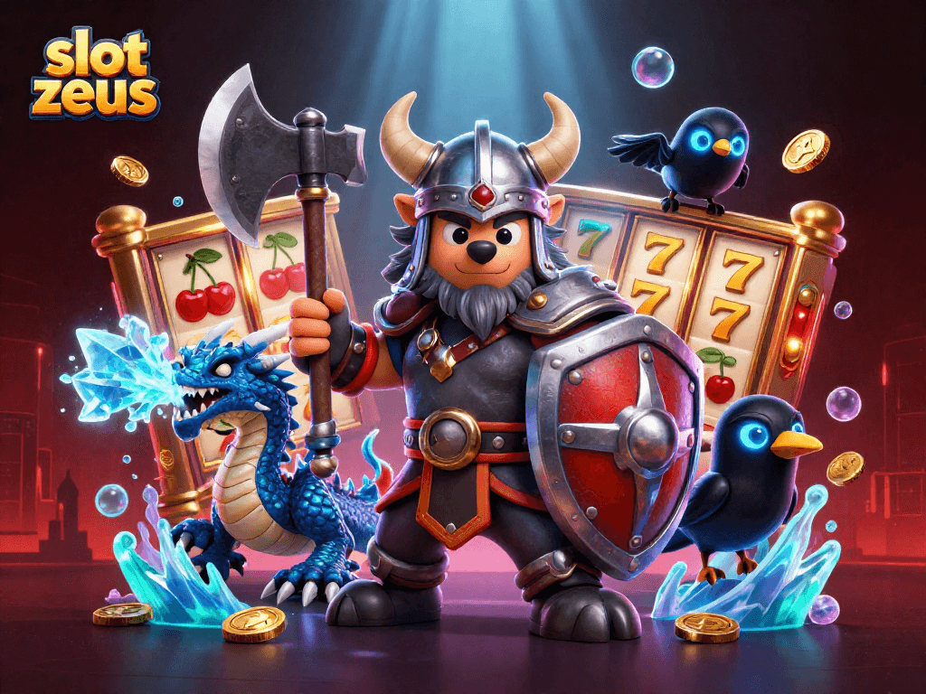 Engage with slot zeus as spinning reels and cartoon characters create a vibrant casino atmosphere.
