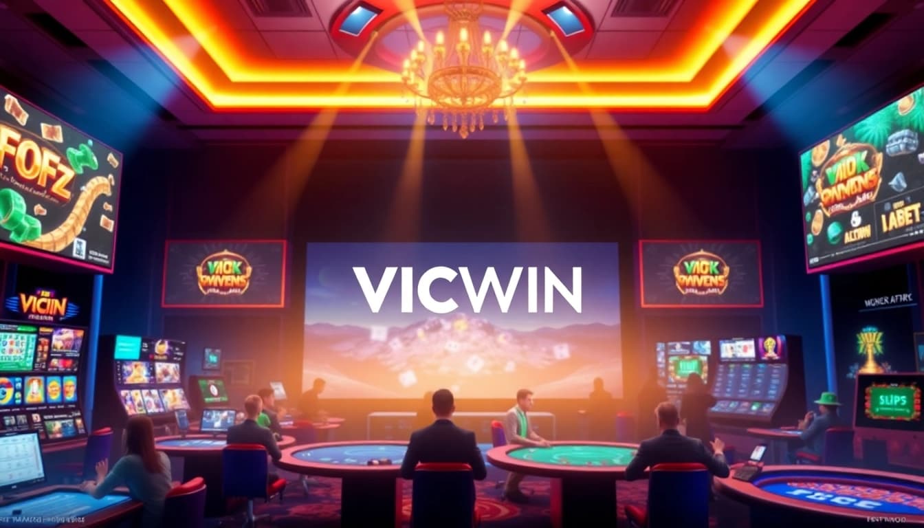 Experience the excitement of online gambling with VICWIN's vibrant digital casino atmosphere, showcasing games and betting.