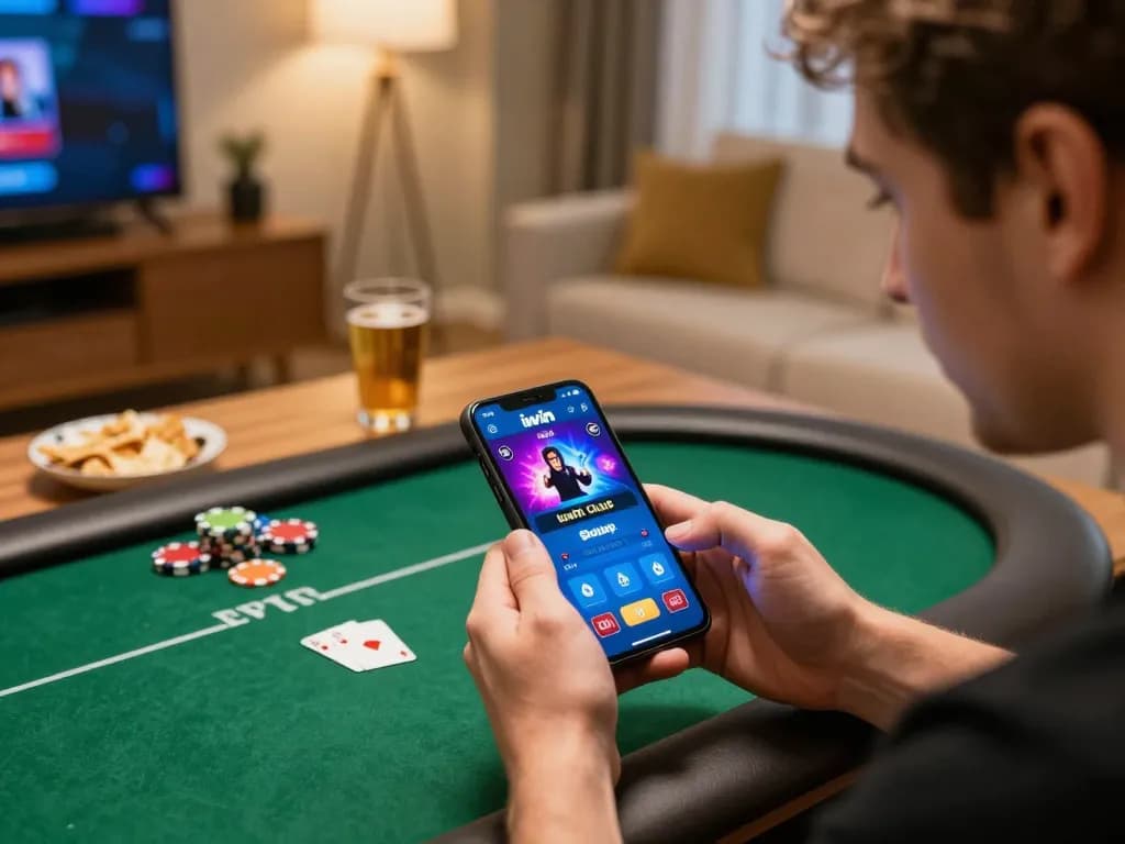 Engaged player enjoying the iwin club app on smartphone during an exciting home gaming session
