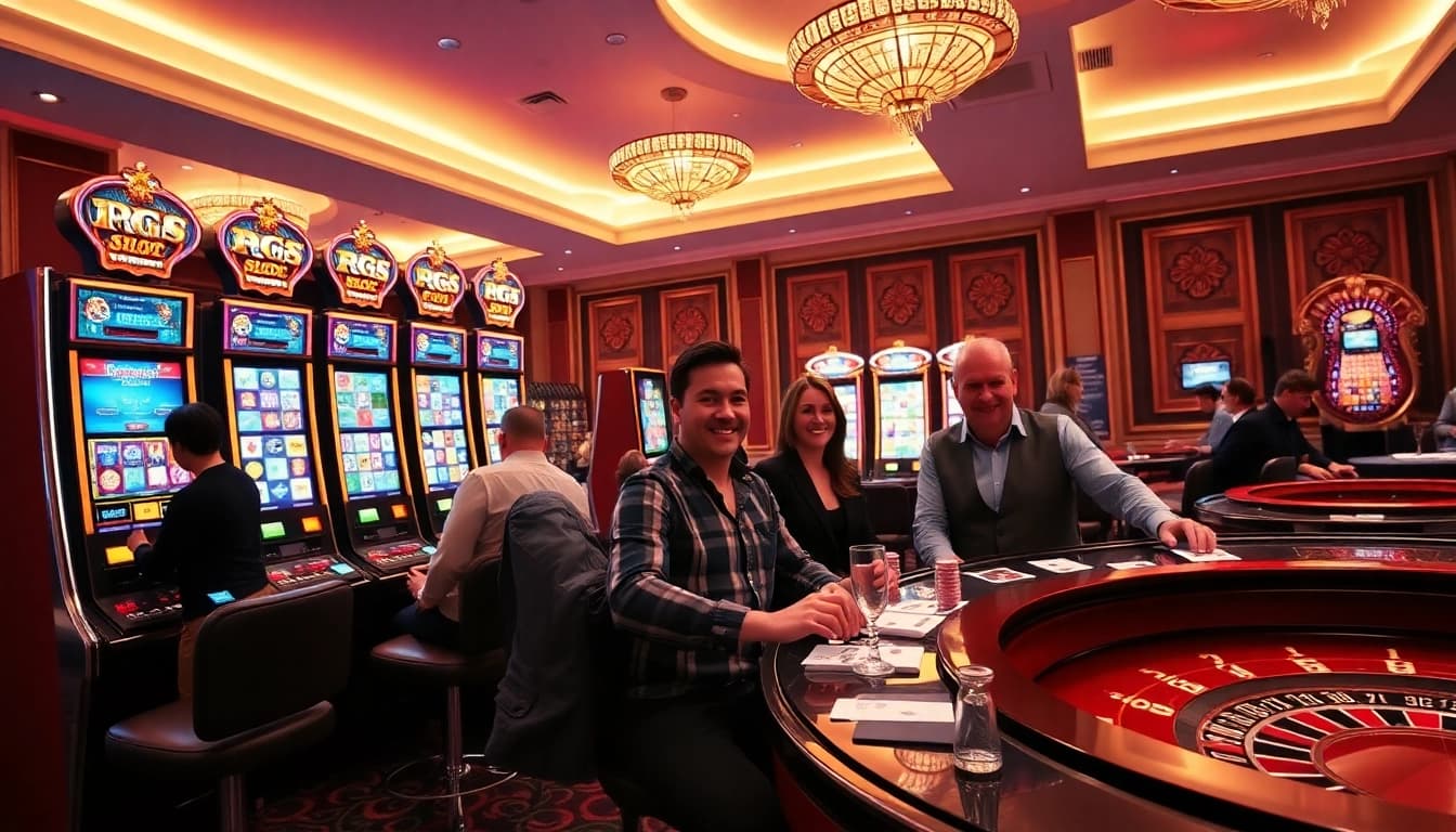Experience thrilling PG SLOT gameplay at a glamorous casino with vibrant slot machines.