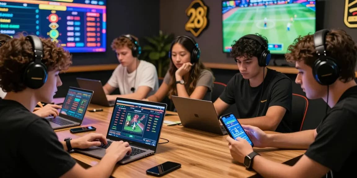 Engaging scene of gamers immersed in 28bet online betting on laptops and smartphones, showcasing vibrant digital interfaces.