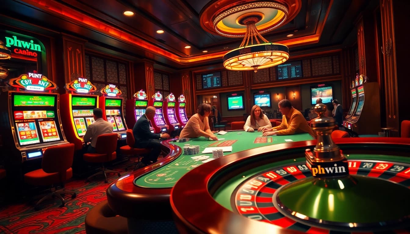 Join the excitement at phwin with passionate gamblers at a poker table and spinning roulette.