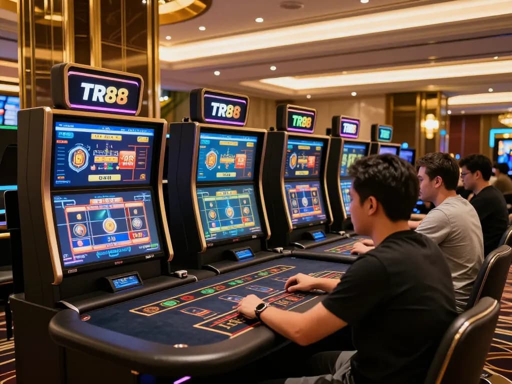 Players enjoy interactive TR88 online casino games in a luxurious environment with sleek gaming stations.