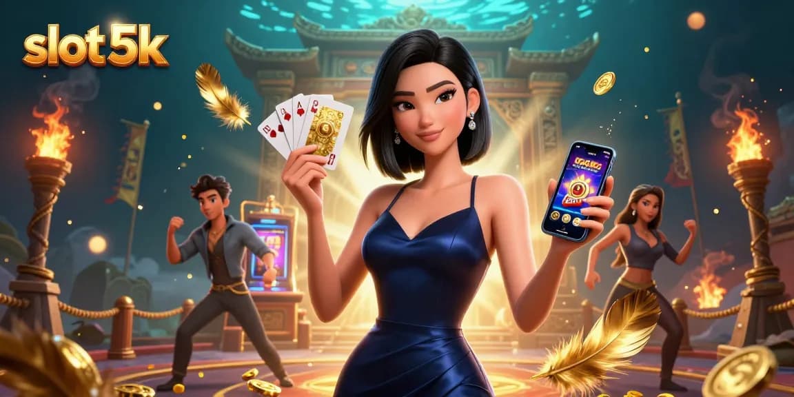 Play slots with confidence at slot 5k, featuring a stunning woman with a casino app and golden chip.