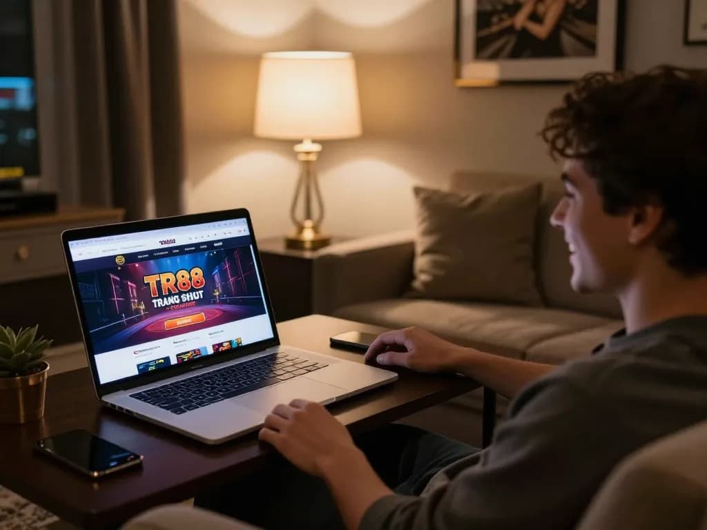 Engaging with the TR88 trang chủ online casino on a laptop, showcasing a relaxed gaming environment.