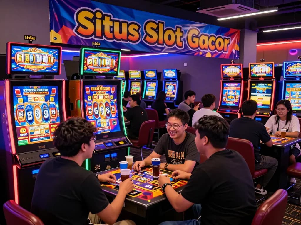 Suasana permainan situs slot gacor dengan pemain yang bersemangat di mesin slot berwarna-warni