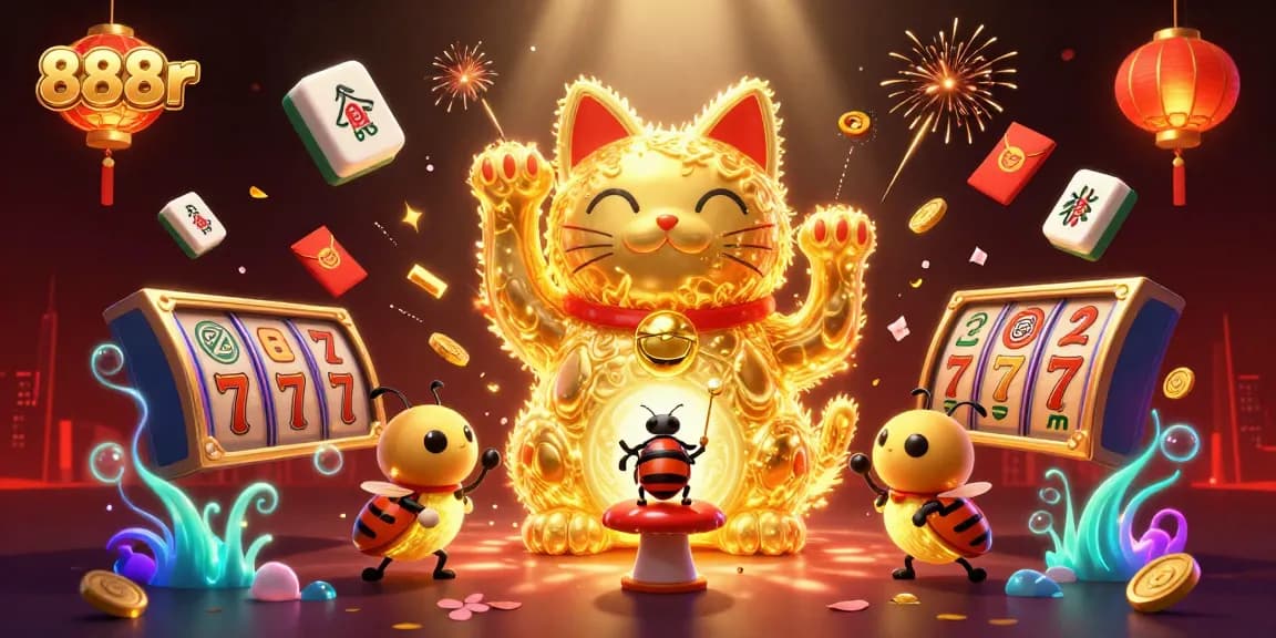 Engage with 888r's vibrant casino world featuring a lucky cat and dynamic gaming elements.