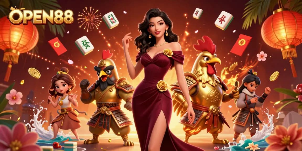 Experience the thrill of OPEN88 with dynamic casino elements and vibrant characters in a festive scene.