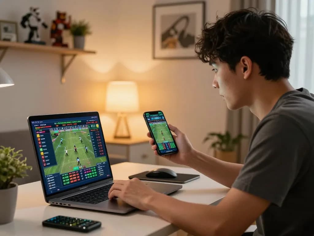 Engaged bettor using 77WIN platform for live sports betting at home.