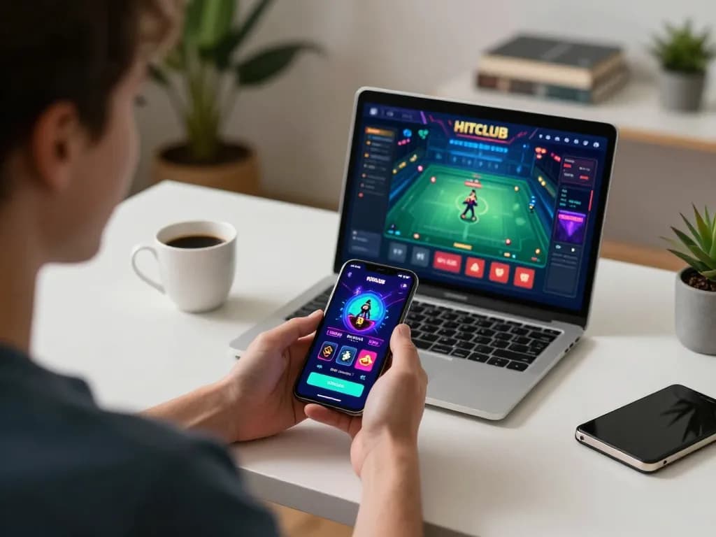 Playing online games with HITCLUB app on smartphone in a cozy home setting