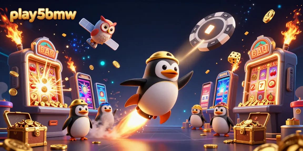 Experience play5bmw's exciting gaming atmosphere with a golden penguin and jackpot-filled adventure.