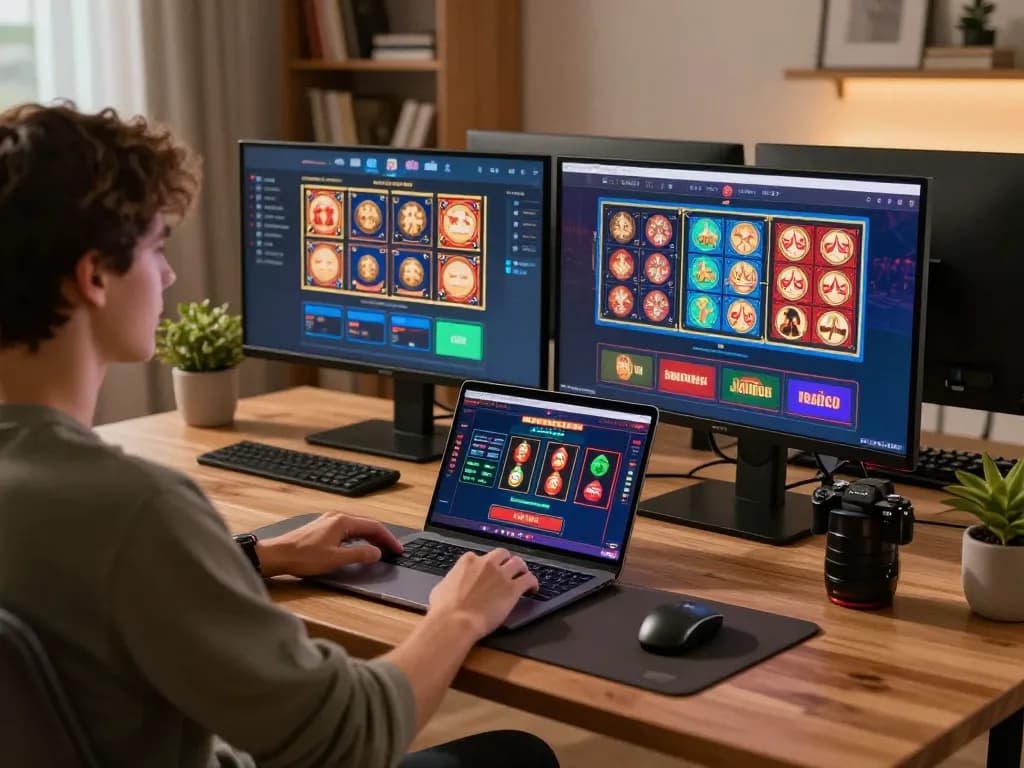 Engaging in online gaming on multiple screens, showcasing vicwin's diverse gambling platforms.