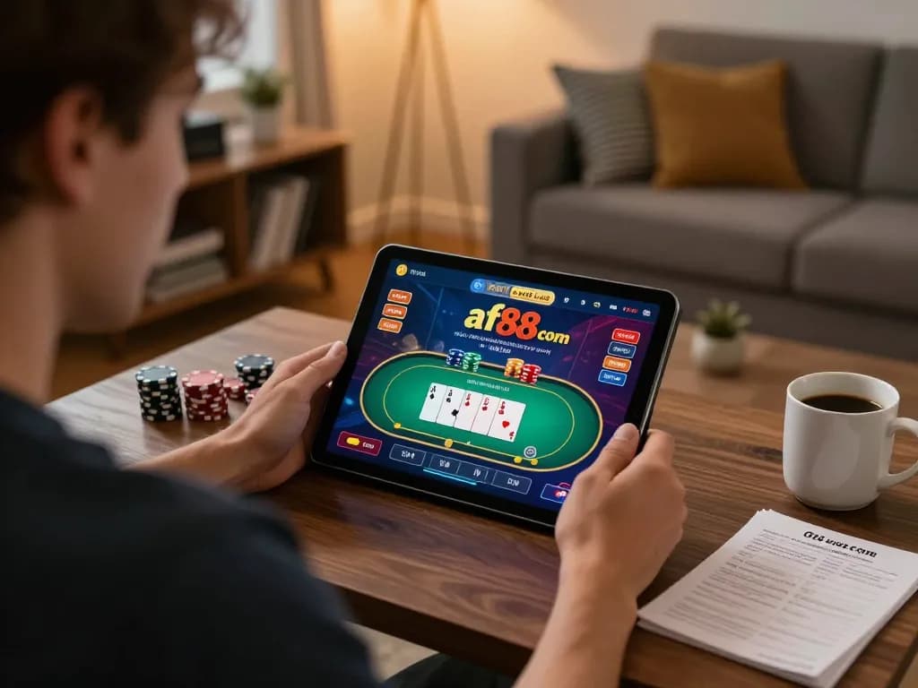 Engaging player using af88 com on tablet with poker game interface in cozy home setting.