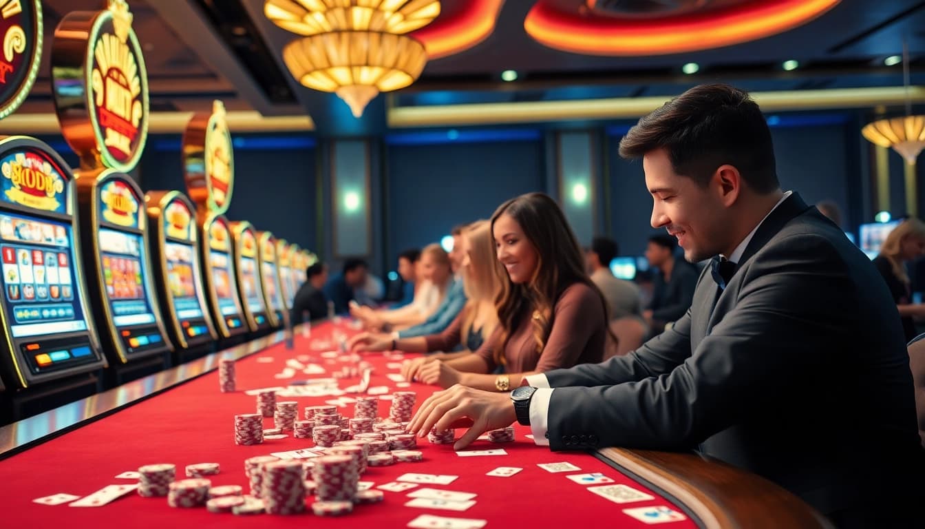 Experience thrilling gameplay at IDN slot machines with excited players and vibrant colors.