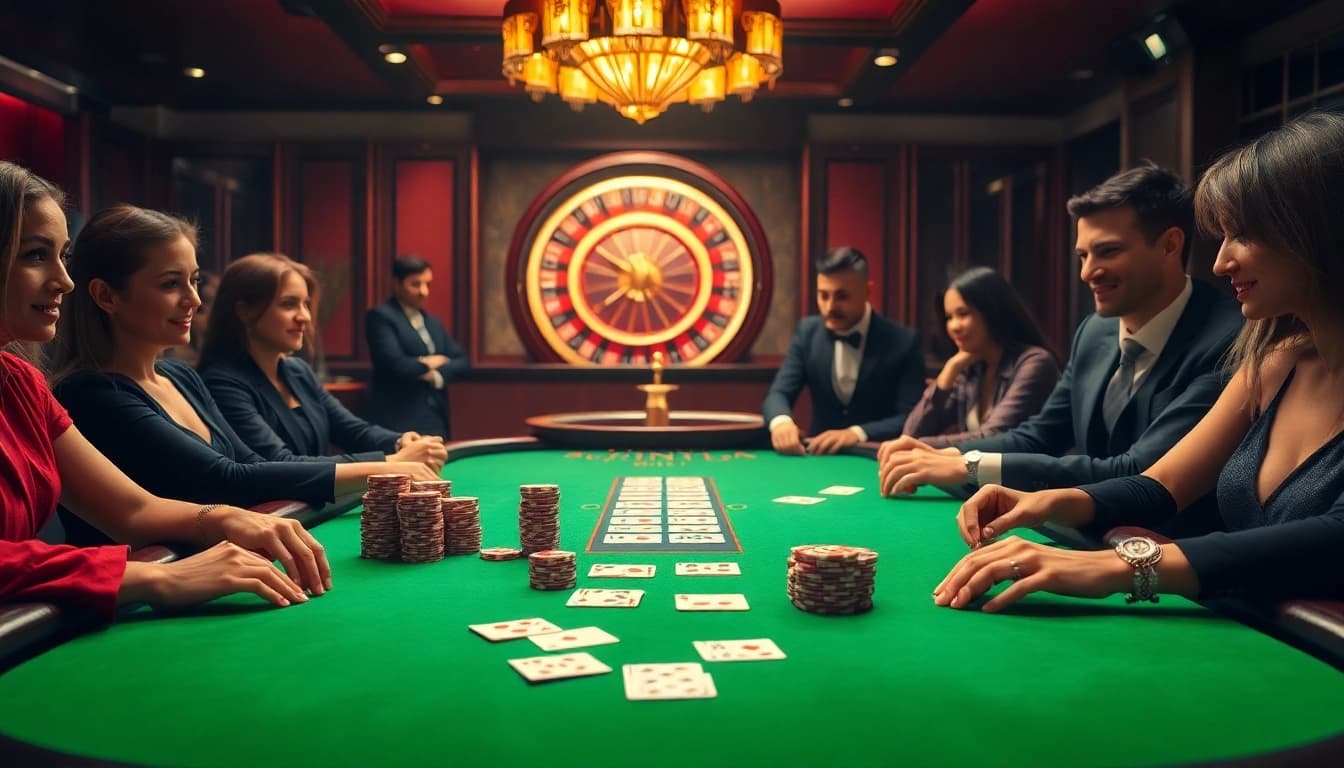 Experience the excitement of gambling at 11BET with professional poker players at a luxury table.