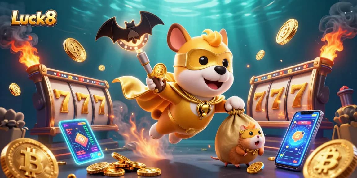 Luck8 offers thrilling casino adventures with colorful slots and animated superheroes in a vibrant scene.