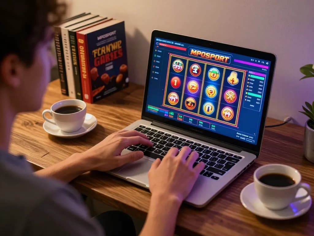 Engaging player enjoys MPOSPORT online gaming with vibrant slot visuals and cozy atmosphere