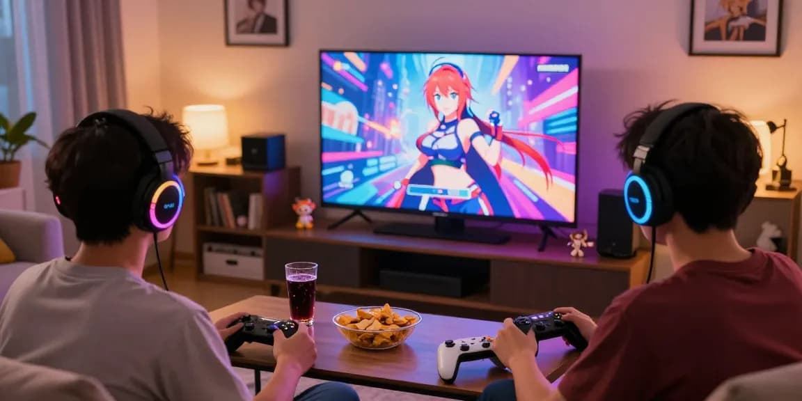Engaged player enjoying hentai games in a cozy living room.