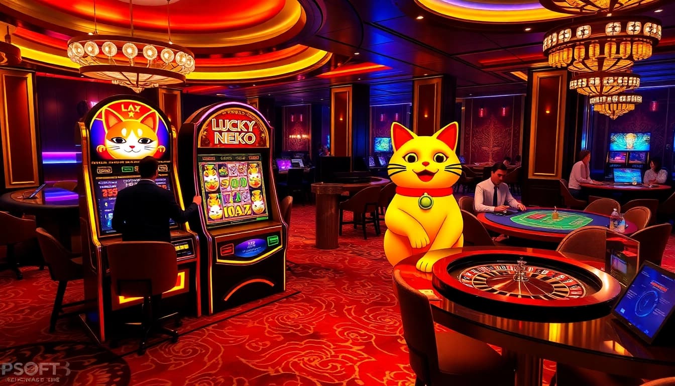 Play Lucky Neko PG Soft เกมฮิต 2025 with excitement at a vibrant casino atmosphere