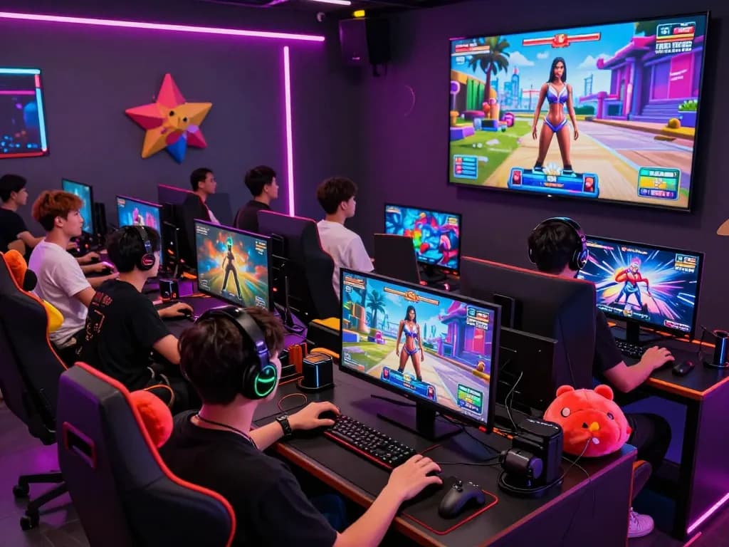 Engaged players enjoying a porngame on modern devices in a vibrant gaming setup.