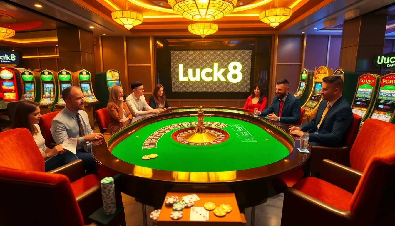 Experience the excitement of Luck8 at a vibrant casino table filled with players and chips.