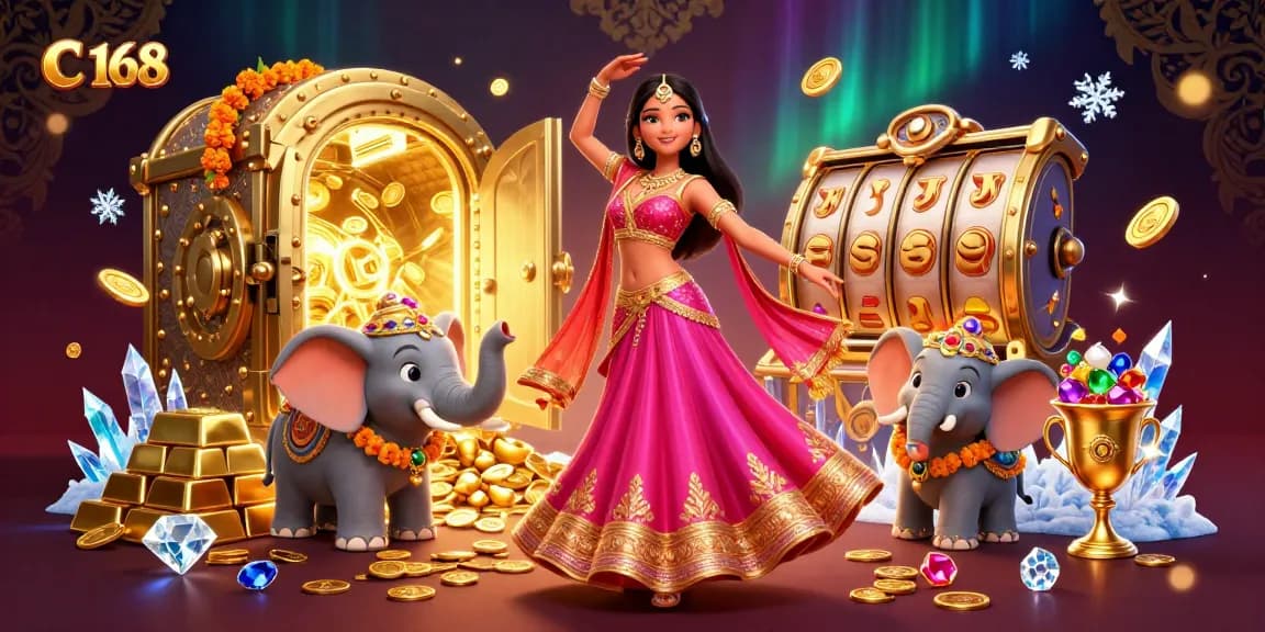 C 168 casino scene depicting a vibrant Asian woman and treasure elements celebrating jackpot wins.