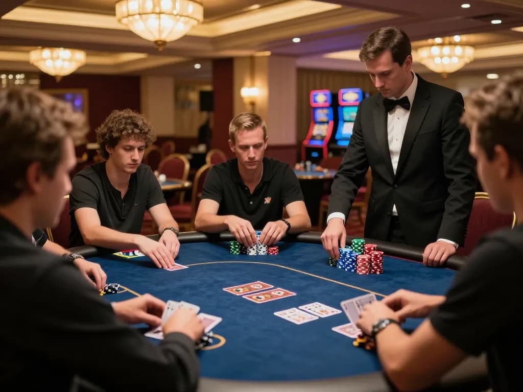 Experience the high-stakes poker excitement at 77WIN with focused players and vibrant casino atmosphere.