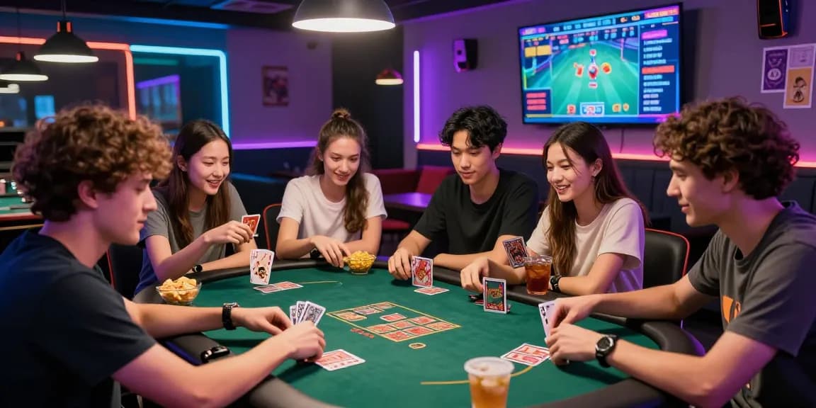 Engaging group of friends exploring gamebaidoithuong is in a vibrant gaming lounge surrounded by lively decor and snacks.