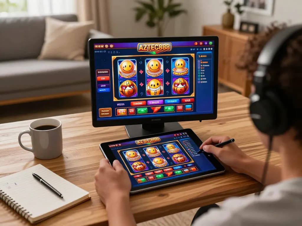 Player engaging with AZTEC888 online casino on tablet in a cozy home setup filled with strategy notes.