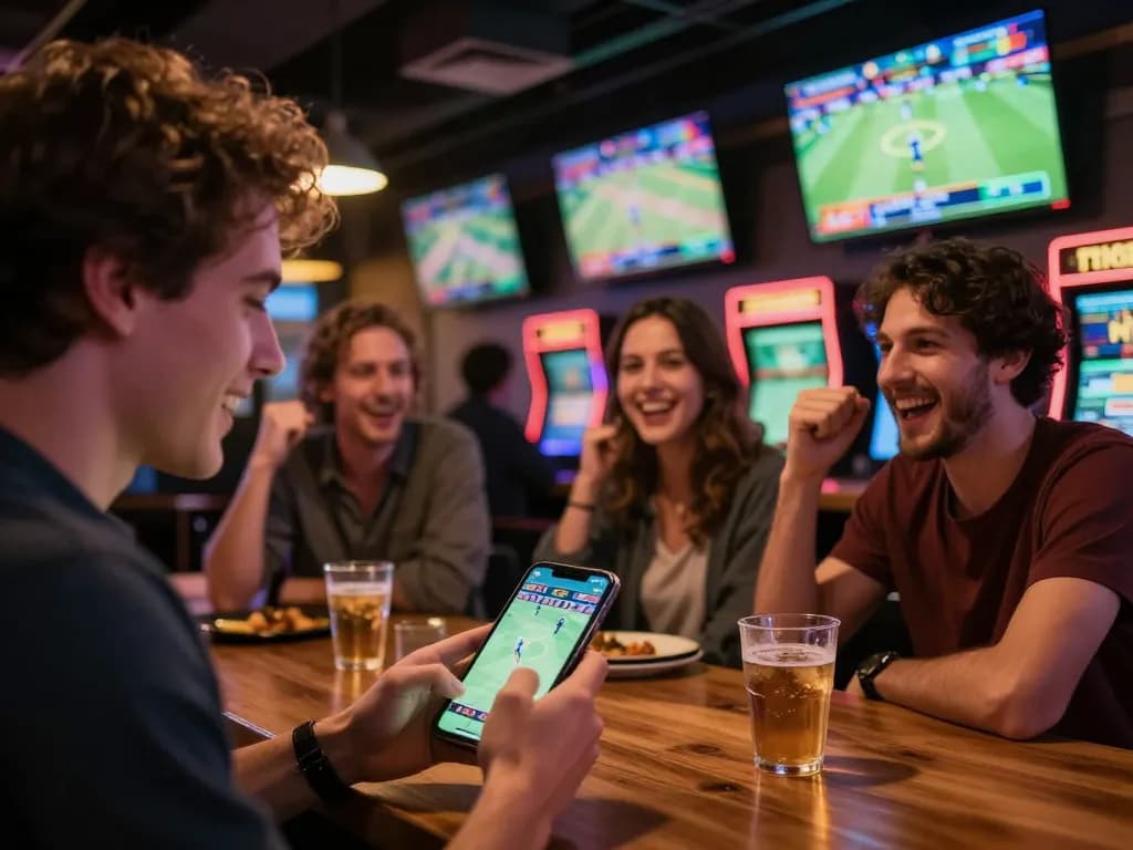 Engaging in mobile gambling with the link vào f168 in a vibrant sports bar atmosphere, enjoying live games.