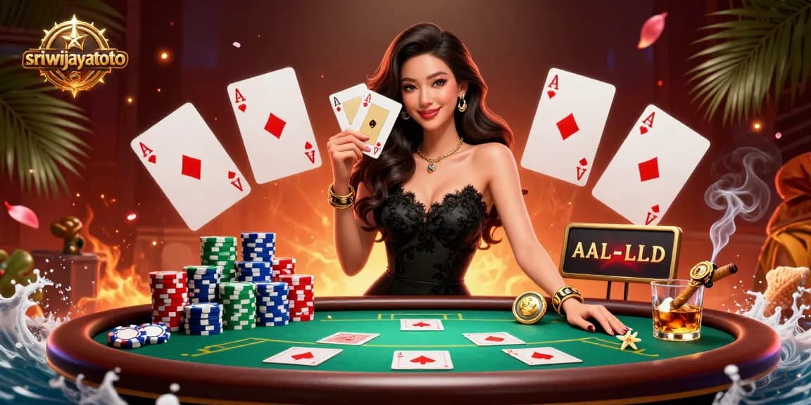 Sriwijayatoto showcases a glamorous casino scene with a stylish Asian woman holding playing cards, embodying excitement and elegance.