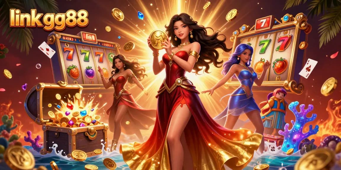 Experience exciting gameplay at link gg88 with vibrant illustrations of slot machine fun and golden treasures.