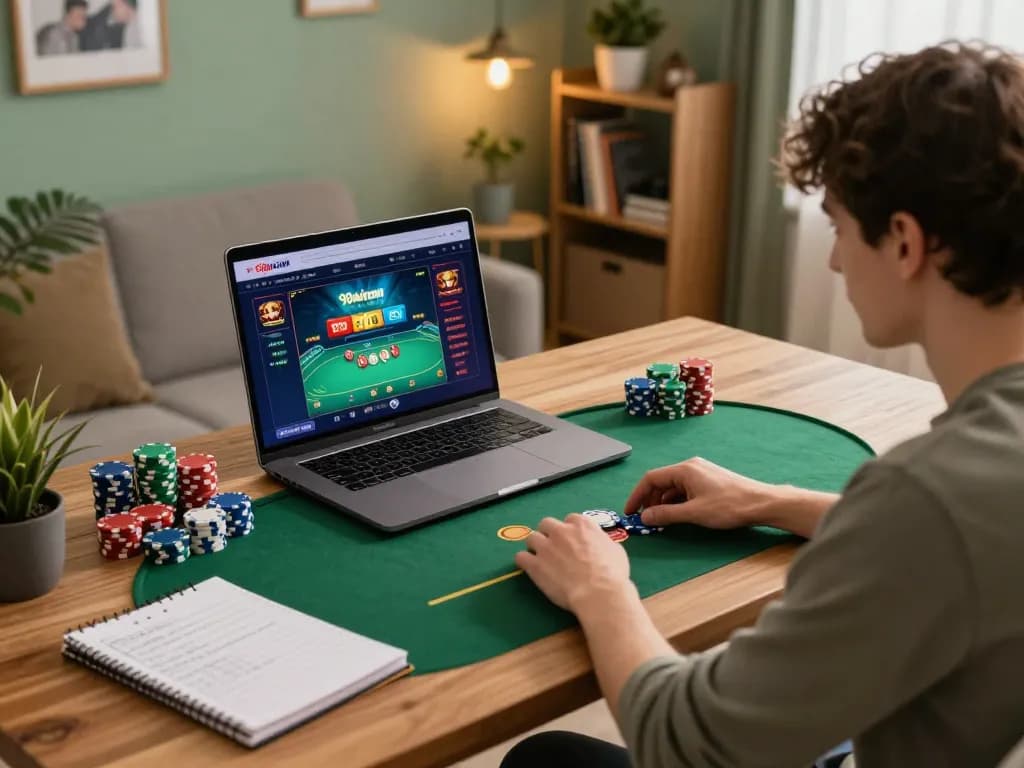 Person playing poker on 98wincom in a cozy home setup, showcasing strategy notes and a warm atmosphere.