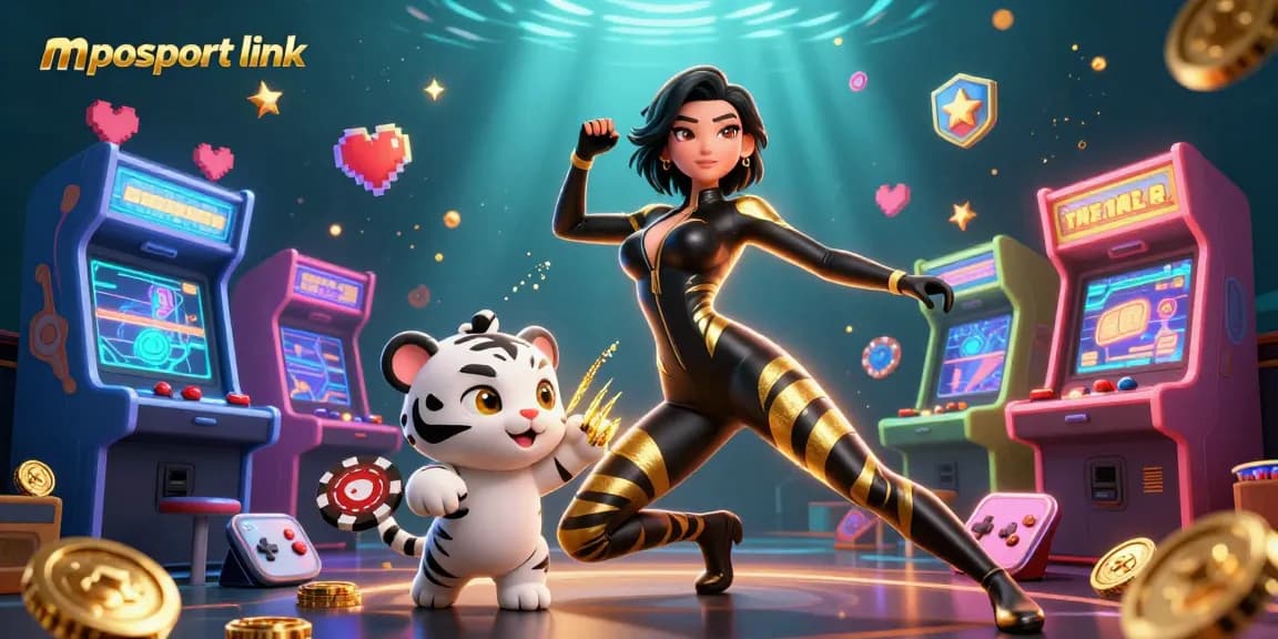 Engage with the mposport link surrounded by vibrant casino elements and dynamic characters.