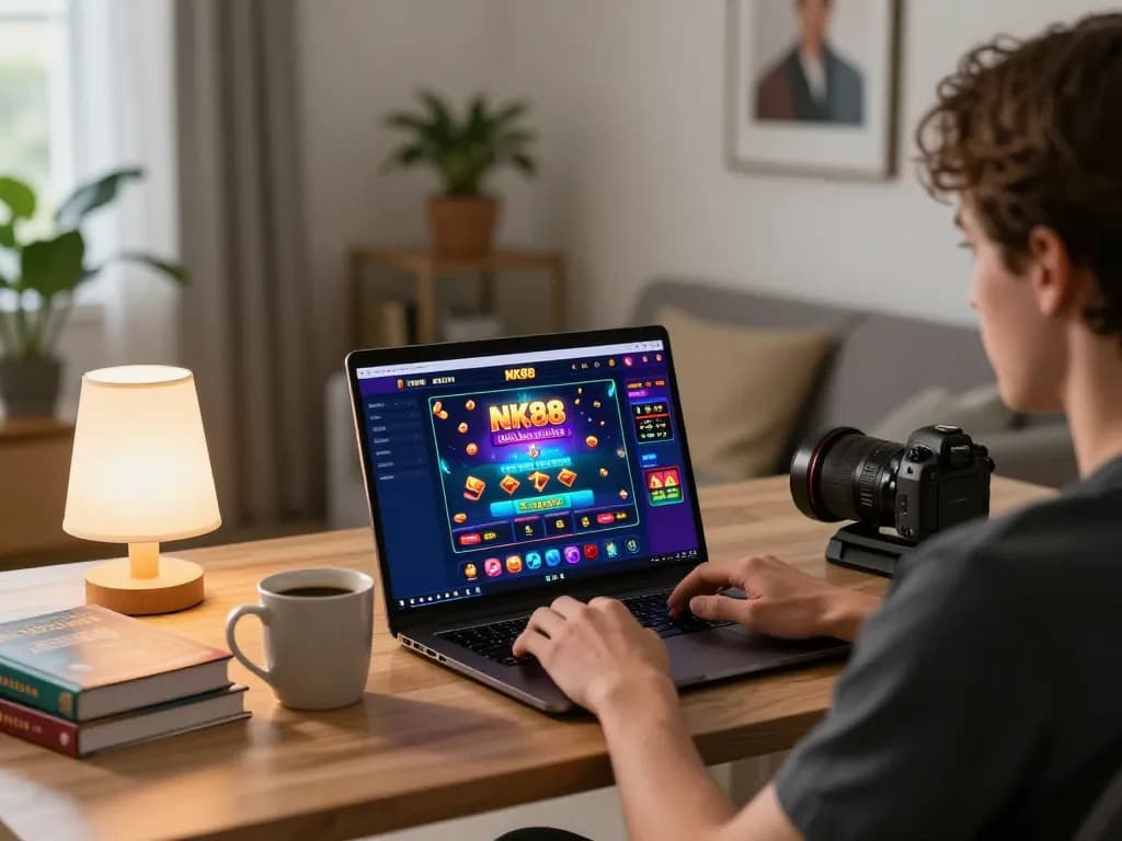 Player engaging with NK88 online casino interface on laptop, showcasing excitement in a cozy gaming setup.