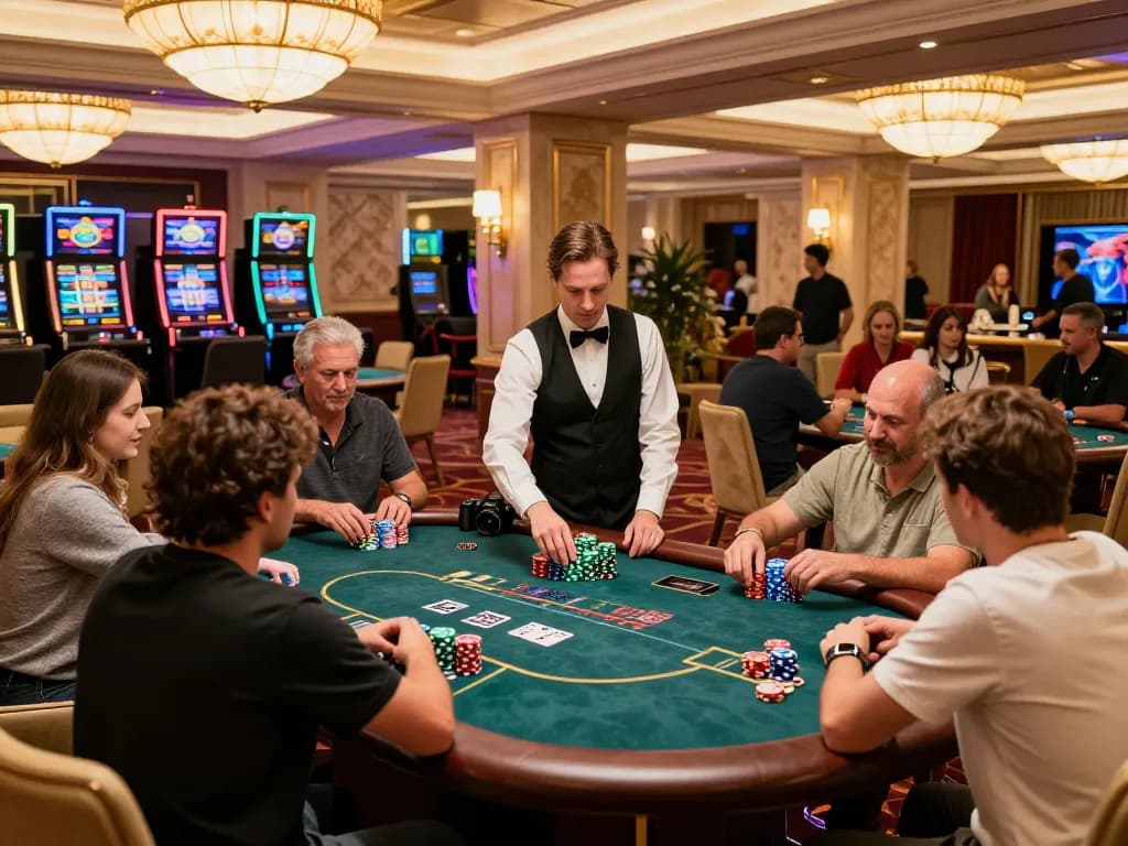 Winning at 789 club poker table with professional dealer managing game and players engaged.